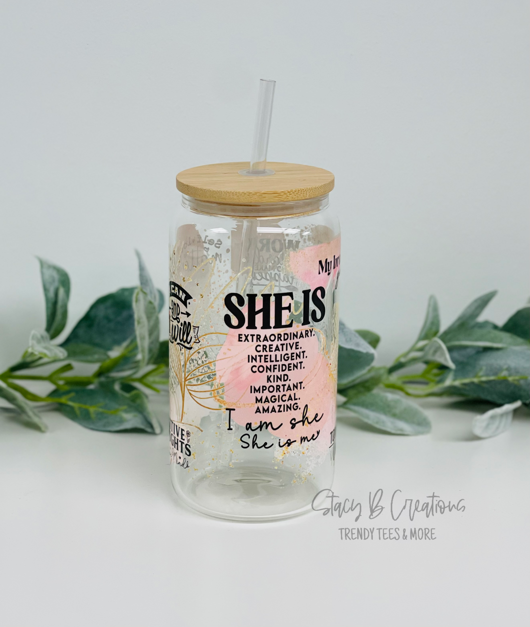 She is...glass cup with bamboo lid